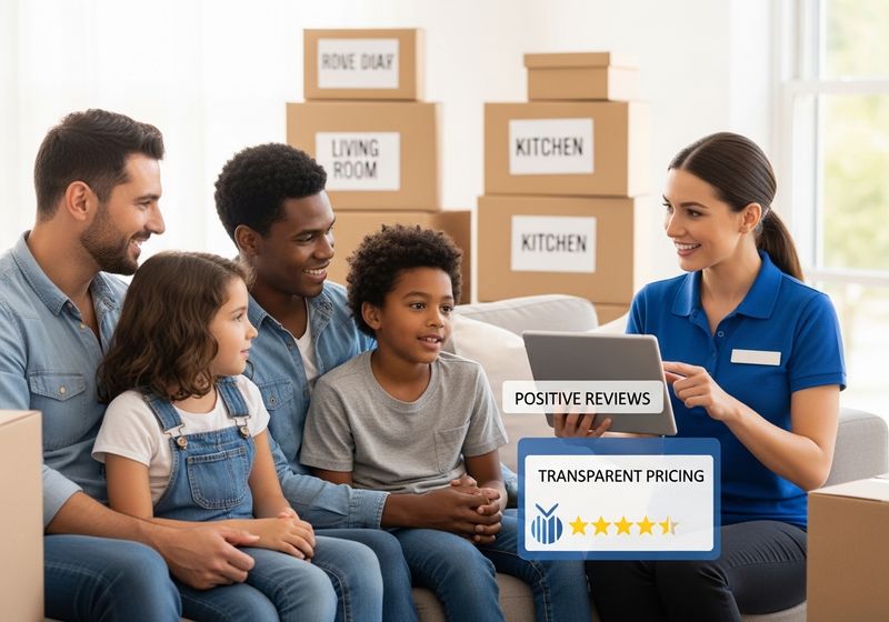 A family speaking with a moving company owner.