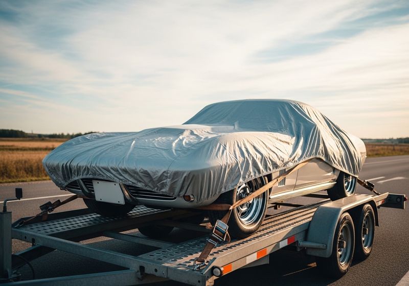 A protective tarp drapped over a car.