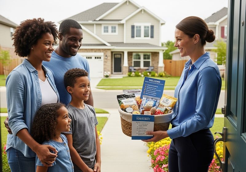 A fmaily getting a welcome basket.