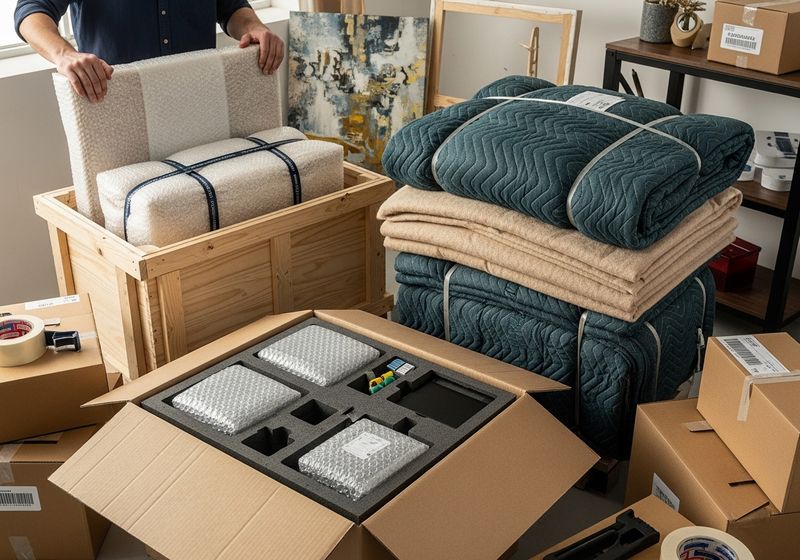 Packed moving boxes.