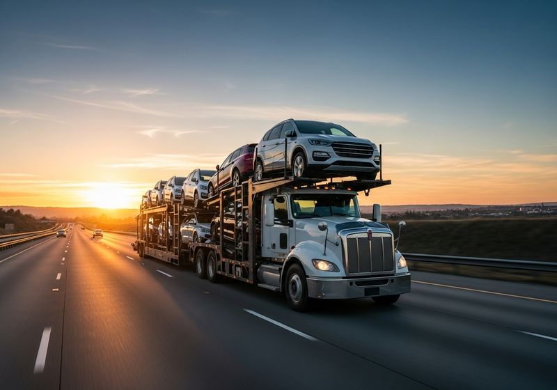 A large vehicle carrying cars.
