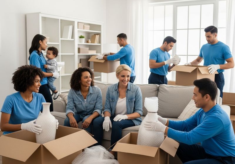 A packing and moving crew putting htigns in boxes.
