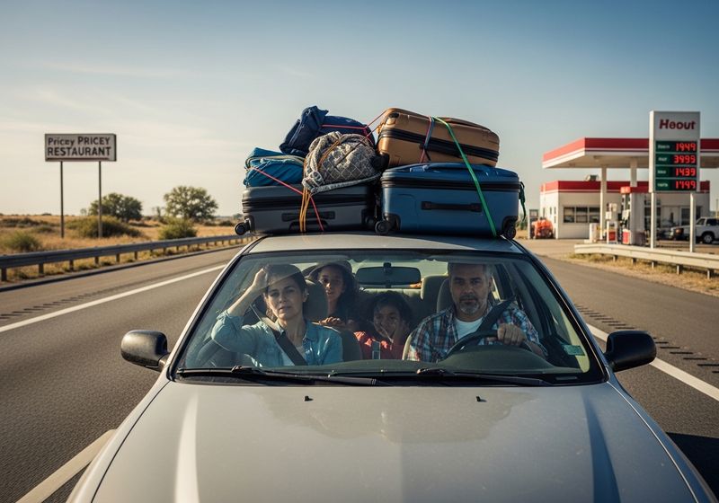 A packed up car with luggage tied to the roof.