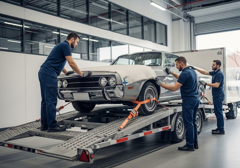 A moving company handling a classic car.