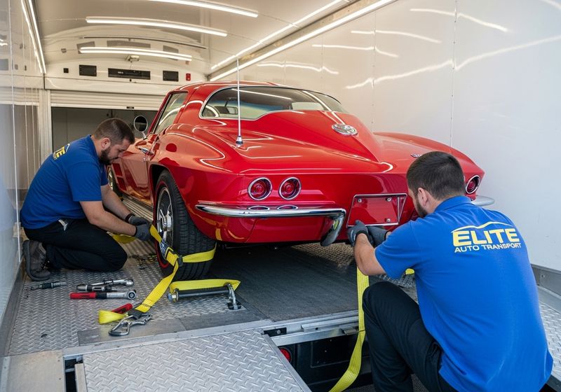 A voming crew securing a car before transporting it.
