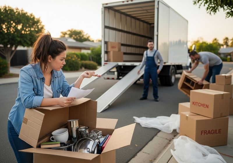 A woman looking at her moving boxes outside a moving truck.