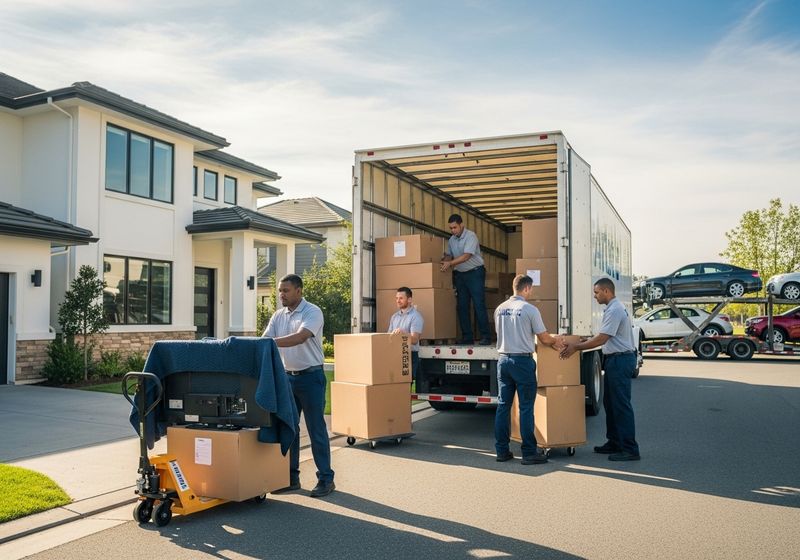 A commercial moving crew unloading a truck.