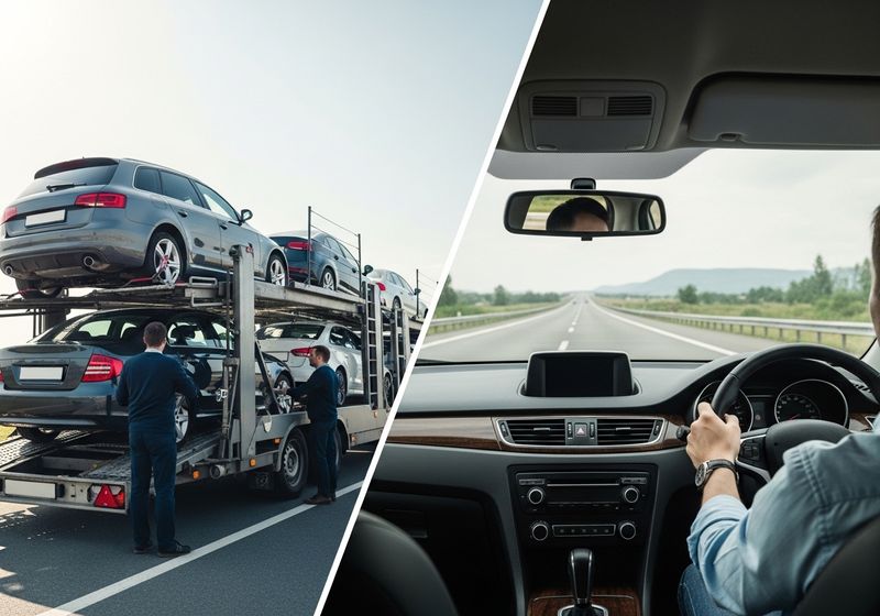 Splitscreen of a person driving and a vehicle carrying cars.