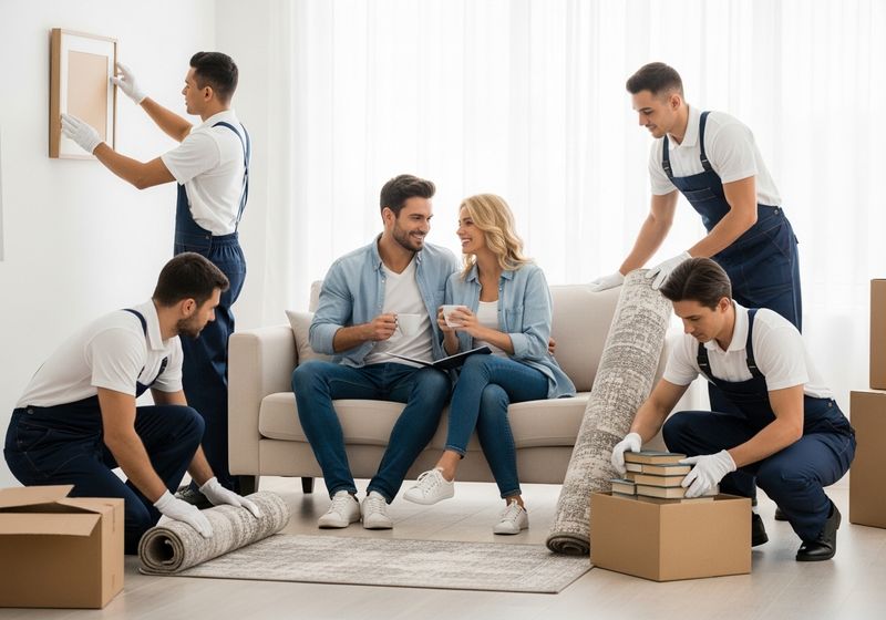 A couple sitting down while other people pack.