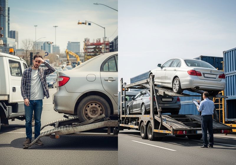 A car being loaded onto a truck.