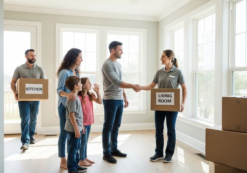 A family shaking hands with movers.