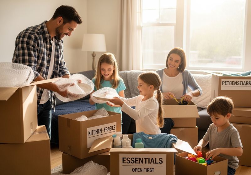 A family packing up their belongings.