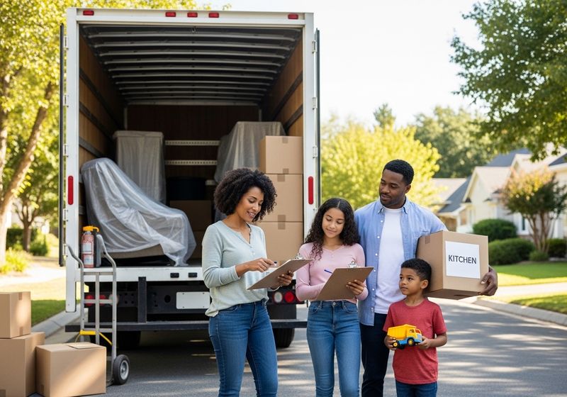 A family outside a moving truck.