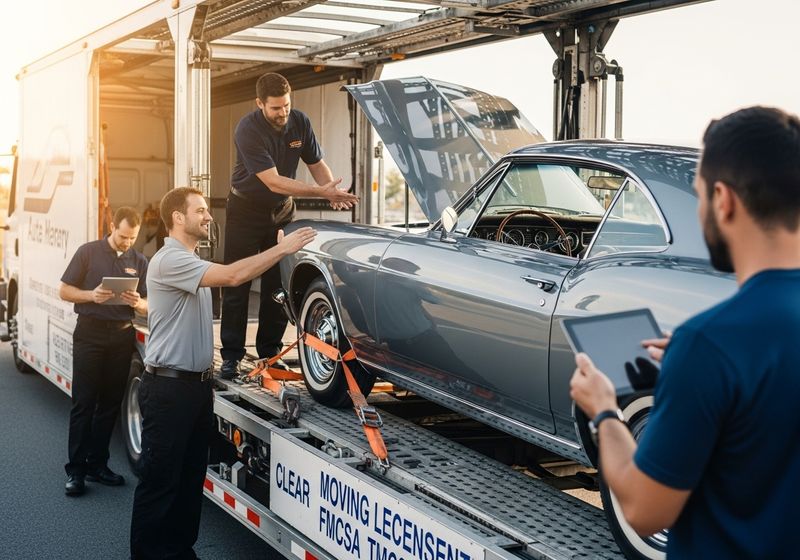 A classic car being moved.