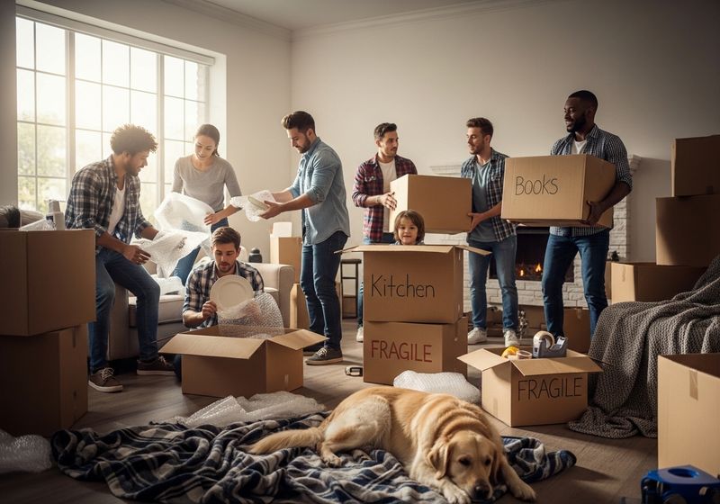 Moving day photo of people carrying boxes.