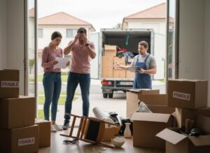 An upset couple confronts a mover, standing amidst broken furniture and moving boxes, indicating damage during relocation.