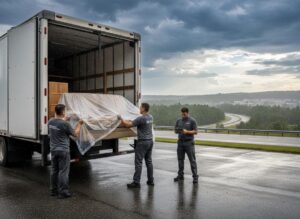 Three professional movers transfer a plastic-covered couch from a truck in the rain, next to a highway overlooking a wooded area.