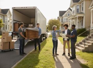 Two men unload a dresser from a moving truck while a woman points out directions on a map to two men on a residential street.