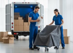 Two movers in blue uniforms, a man with bubble wrap and a woman with a chair on a dolly, next to a truck filled with boxes.
