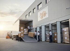A team loads cardboard boxes onto a white delivery truck via a ramp at a warehouse dock. A forklift operates in the background.