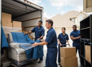 A team of four movers in blue uniforms loads a wrapped chair, boxes, and a bookshelf into a moving truck in front of a residential house.