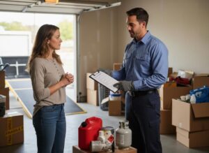 A service professional in a garage explains items on a clipboard to a woman, next to hazardous materials like a gas can and propane tank on a box.