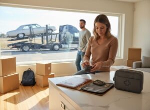 A woman organizes jewelry on a counter, as a man watches a car hauler outside the window. Moving boxes are scattered around the room.