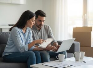 Man and woman on a sofa, she points at a tablet displaying feedback, he uses a laptop. Moving boxes in background.
