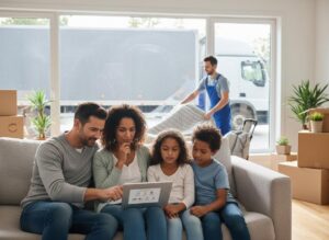 A family of four (father, mother, daughter, son) sits on a sofa, focused on a tablet. A mover works by a truck outside.