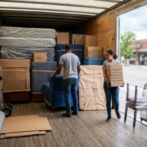 interior shot of a large moving truck being loaded with furniture