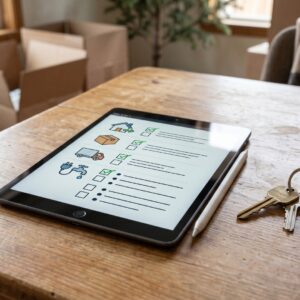 a wooden table featuring a digital tablet showing a moving checklist, a set of house keys