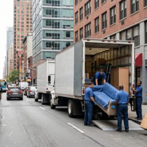 A moving crew loading furniture and boxes into 