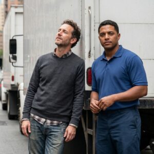 Man leaning slightly against the side of a moving truck, taking a breathe
