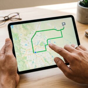 a person’s hands are visible, pointing at a digital tablet showing a GPS map with a highlighted route