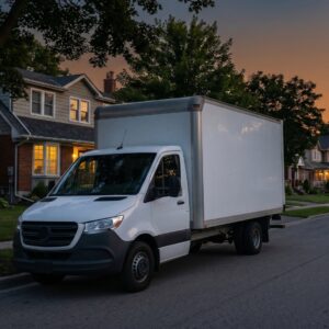 A moving truck parked on a quiet residential street at dusk.