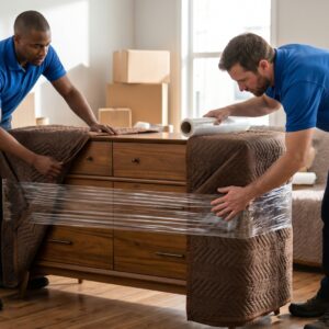 Movers efficiently wrapping furniture for a long-distance move