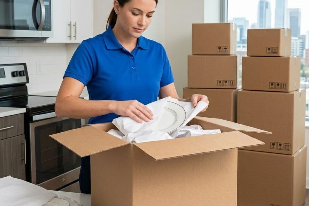 mover unpacking a box in an apartment