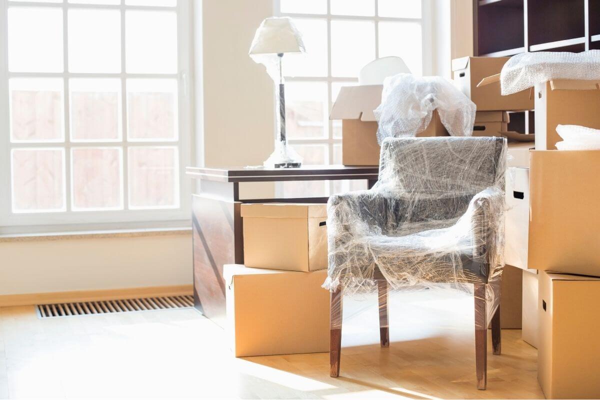 living room that is all packed up in boxes