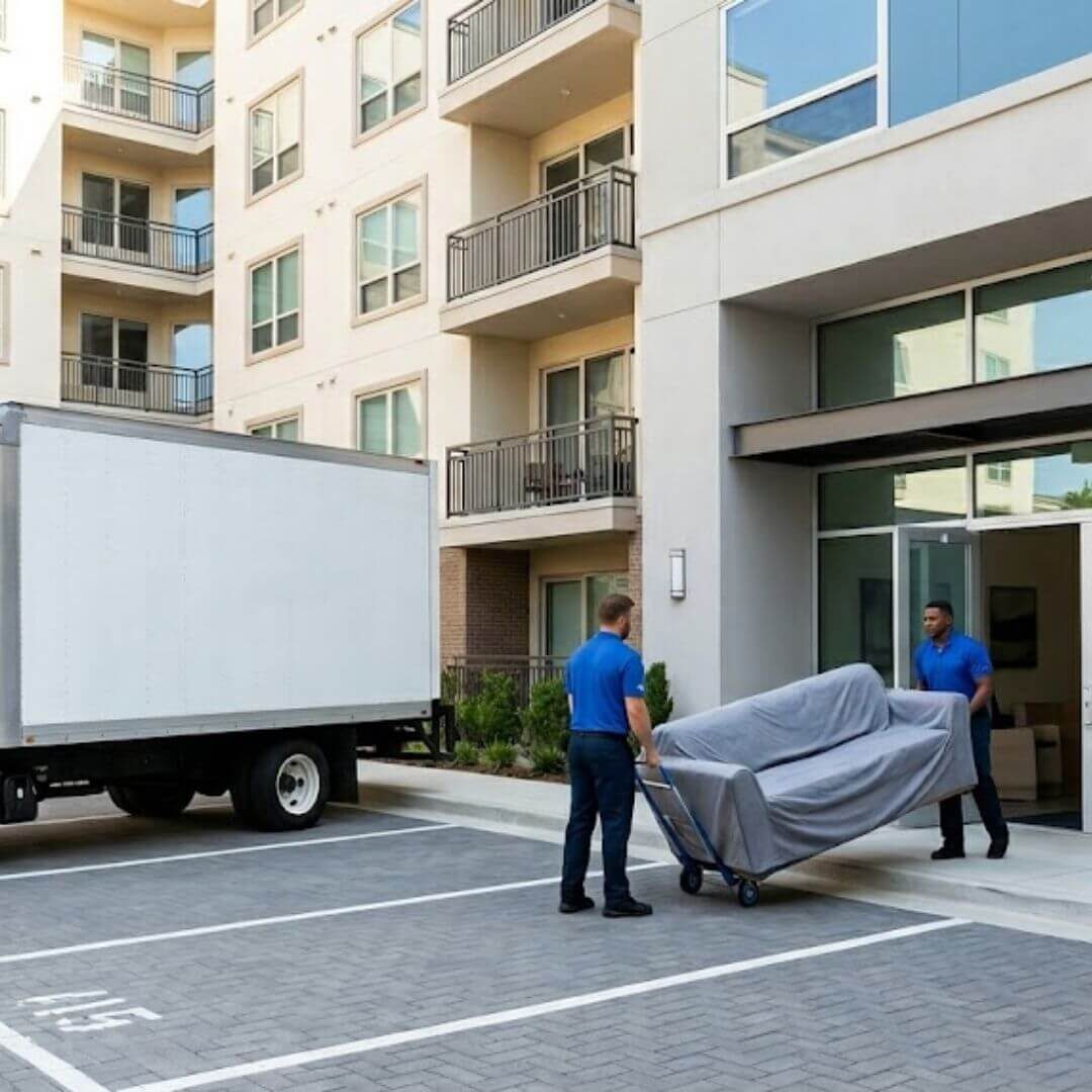 movers moving a couch out of an apartment building