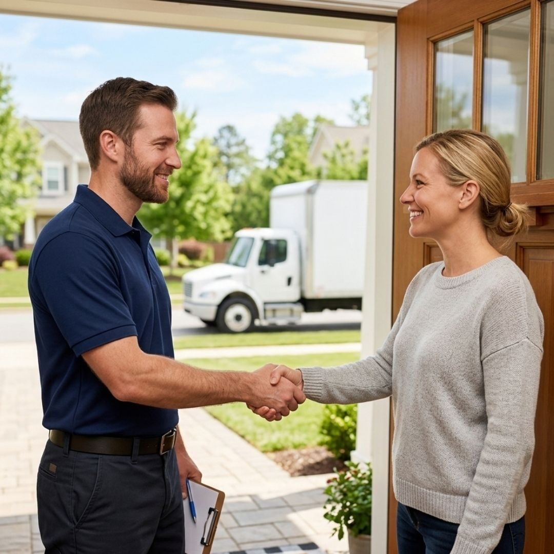 Close-up of a professional mover shaking hands with a homeowner at the front door, symbolizing trust and reliability.