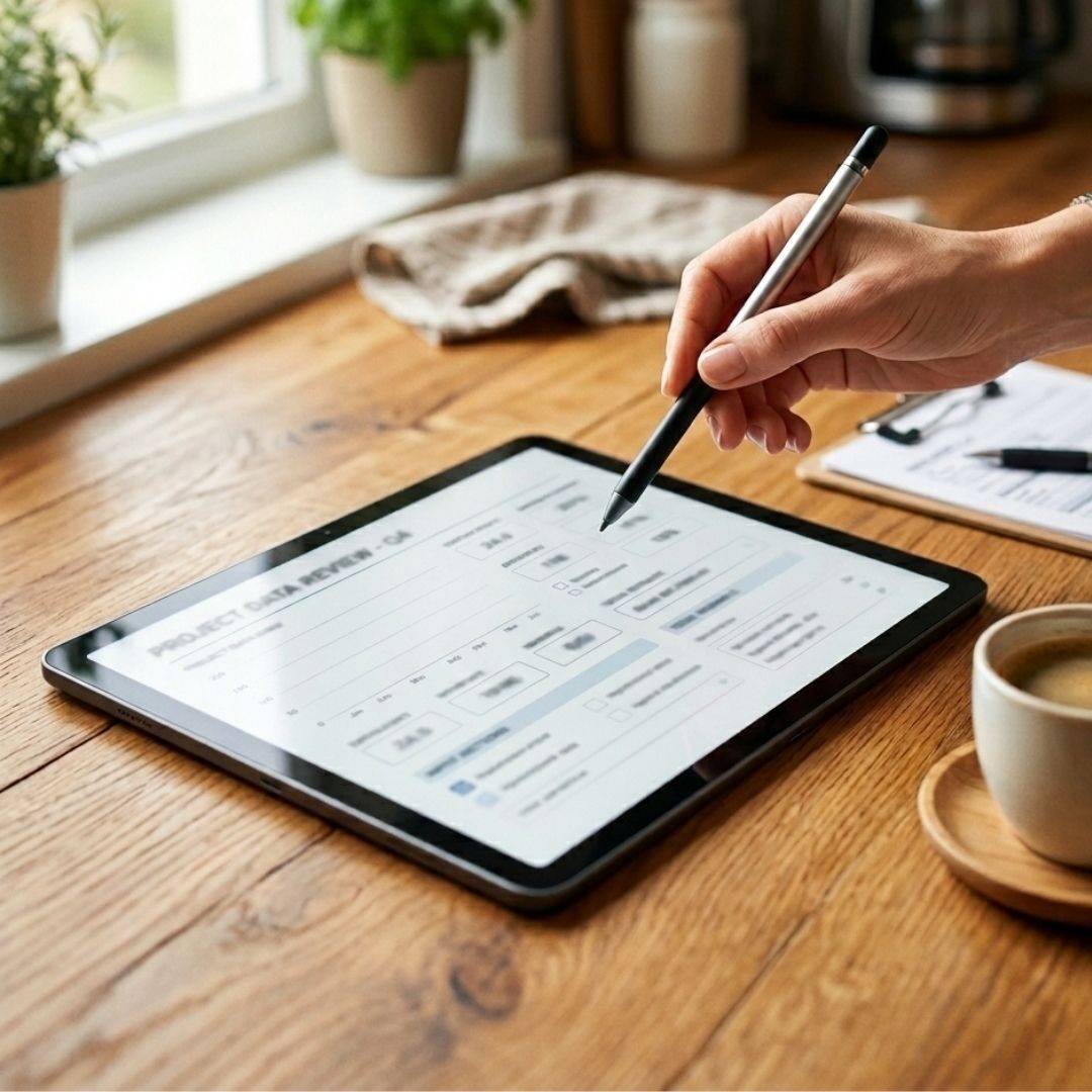 Over-the-shoulder view of a person using a stylus on a digital tablet displaying a generic estimate form.