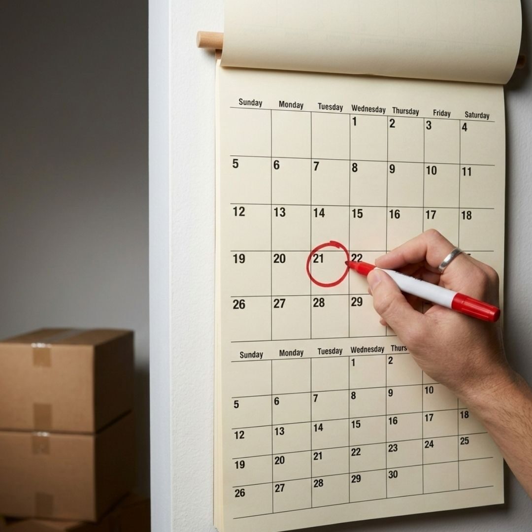 A person's hand circling a date on a wall calendar with a red marker to schedule a move in advance.