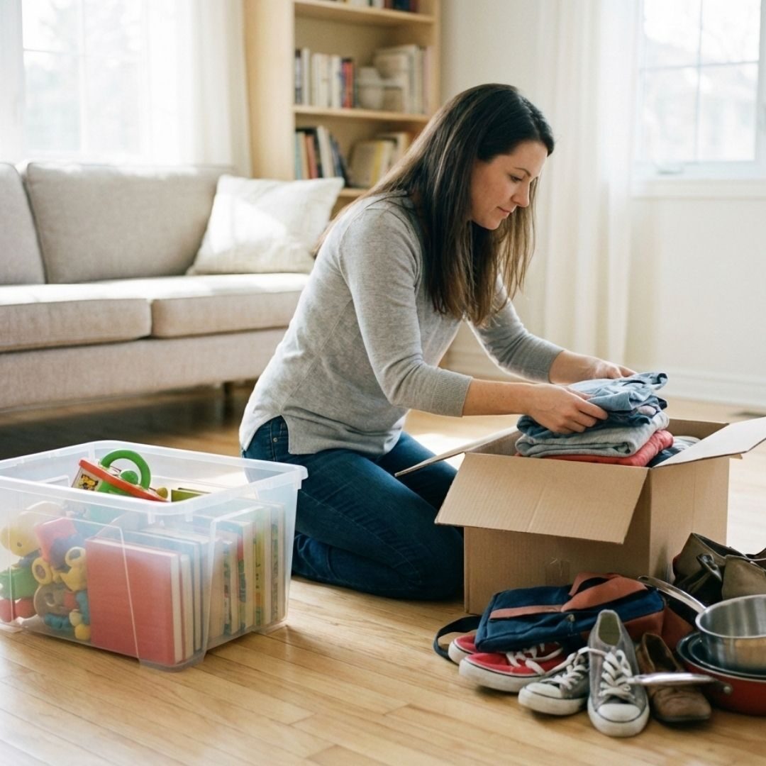 A person kneeling on the floor sorting household goods and clothes into different piles for donation and packing.