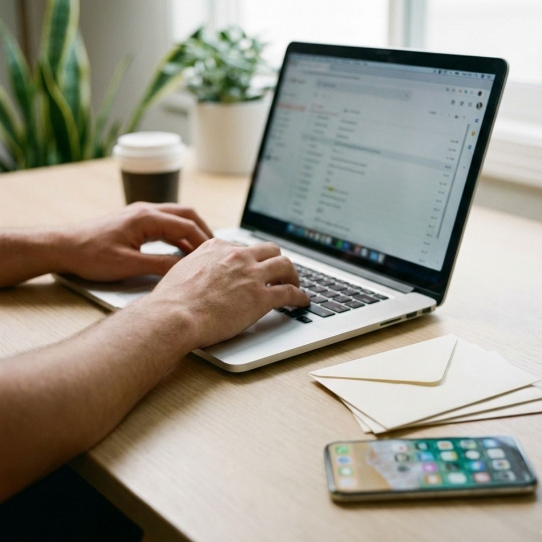 A person typing on a laptop next to a stack of mail and a smartphone, handling administrative tasks.