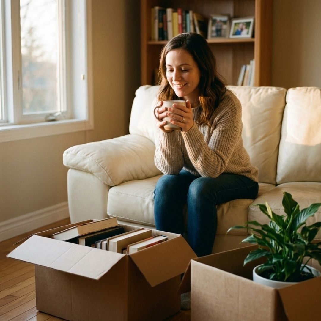 A person relaxing with a mug on a sofa in a new home, with partially unpacked boxes containing books and plants nearby.